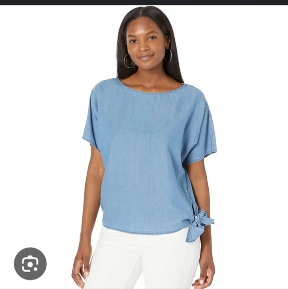 Michael Kors Chambray  Side Tie Blouse Sz XL Women Blue Lightweight Classic - Picture 1 of 11